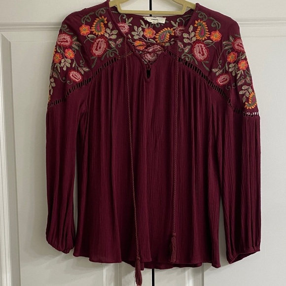 Entro Burgundy Floral Embroidered Blouse - Picture 1 of 5